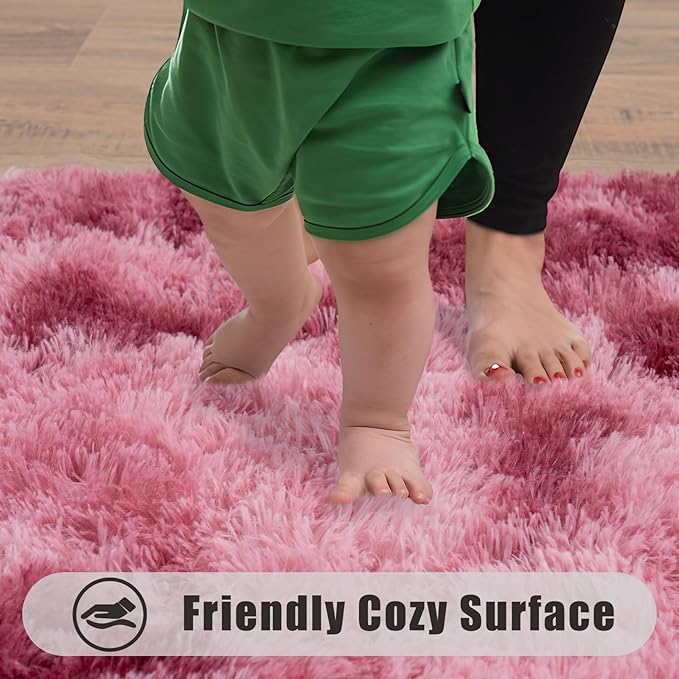 Soft Runner Rugs for Bedroom Hallways, 2x4 Tie-Dyed Blush Pink Fluffy Shag Throw Area Rug Non Slip for Bedside Dorm, Long Shaggy Furry Carpet for Nursery Living Room
