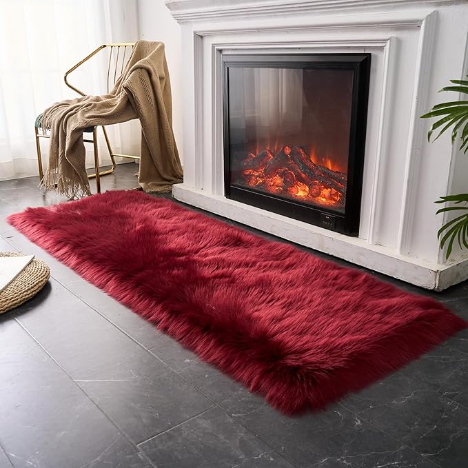 EasyJoy Ultra Soft Fluffy Rugs Faux Fur Rug Chair Cover Seat Pad Fuzzy Area Rug (2x6 ft Rectangle, Burgundy)