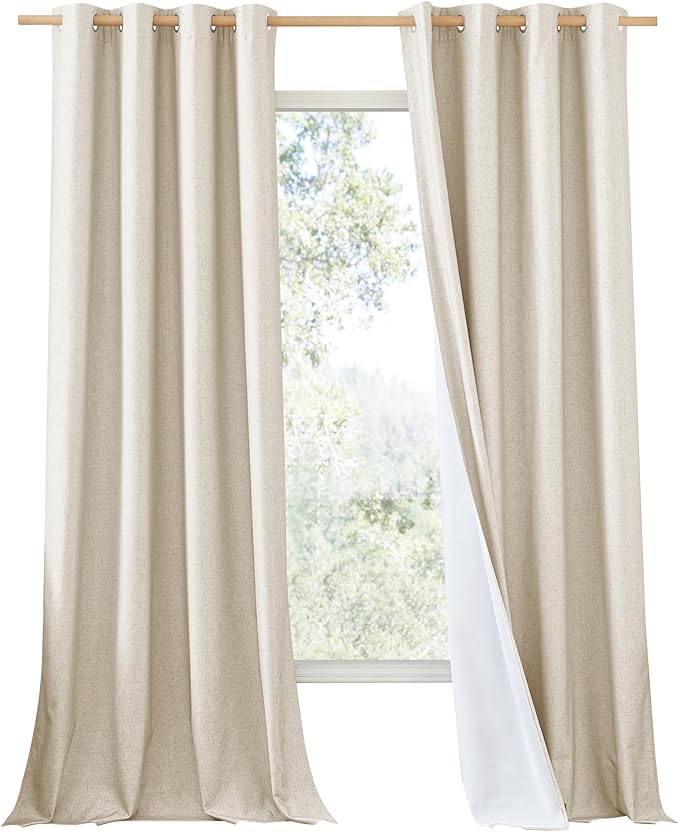 NICETOWN 100% Absolutely Blackout Linen Curtains with Thermal Insulated White Liner, 52" W, 2 PCs, Beige, 108" Long Drapes Sweep The Floor Decorative Keep Privacy Panels for Living Room/Villa/Bedroom