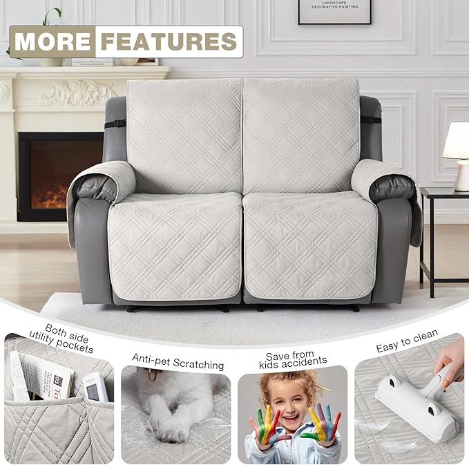 TAOCOCO 100% Waterproof Oversized Loveseat Recliner Cover, Non Slip Split Couch Covers for Reclining Loveseat with Elastic Straps for Kids Pets(Oversized 2 Seater, Off White)