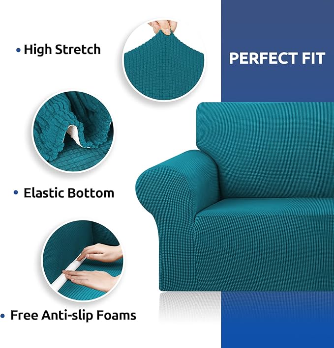 KEKUOU Stretch Single Sofa Slipcover 1 Piece Couch Sofa Cover (31"-55") Furniture Protector 1 Seater Sofa with Elastic Bottom for Kids,Pet.Jacquard Small Checked Pattern Fabric(Small,Peacock Blue)