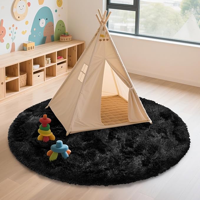 yulidayang Black Fluffy Round Area Rugs for Bedroom,3'X3'Shag Circle Area Rugs for Living Room,Non Slip Fuzzy Plush Rug for Kids Room Boys Girls Room and Dorm Home Decor Rug
