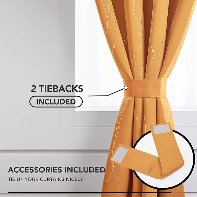 Deconovo Halloween Curtains, Blackout Drapes, Thermal Insulated Soundproof Curtain with Silver Wave Dots Print, 42 x 63 Inch, Machine Washable Panels for Bedroom Living Room Party, Set of 2, Orange