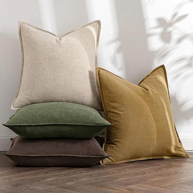 MIULEE Neutral Green/Brown Linen Pillow Covers Pack of 4 Decorative Natural Solid Throw Pillow Covers Soft Accent Boho Farmhouse Couch Pillowcases Spring Decors for Living Room Bed Sofa 20x20 Inch
