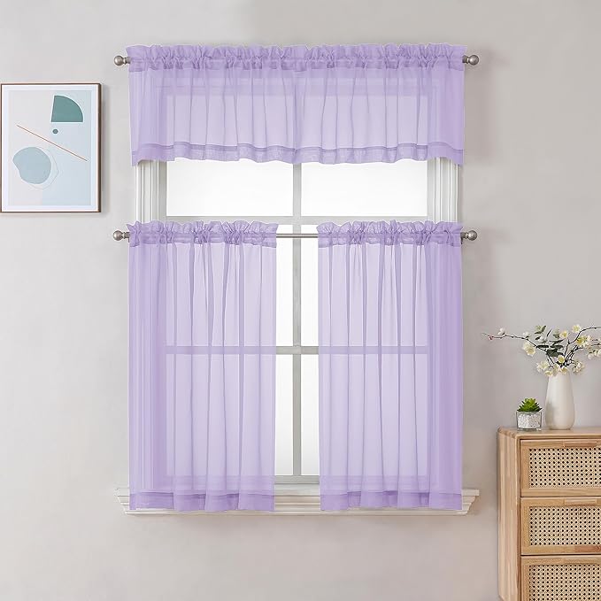 Chyhomenyc Sheer Lilac Valances for Windows 2 Pack, Small Window Curtains for Living Room Bathroom Cafe Laundry Basement, Modern Top Dual Rod Pocket Voile Curtain, 42W x 14L inches, Lilac