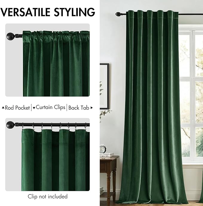 MIULEE Velvet Curtains 96 inches - Luxury Christmas Blackout Curtains for Bedroom Living Room Thermal Insulated Super Soft Window Drapes Rod Pocket & Back Tab, Hunter Green, W52 x L96 inches, 2 Panels