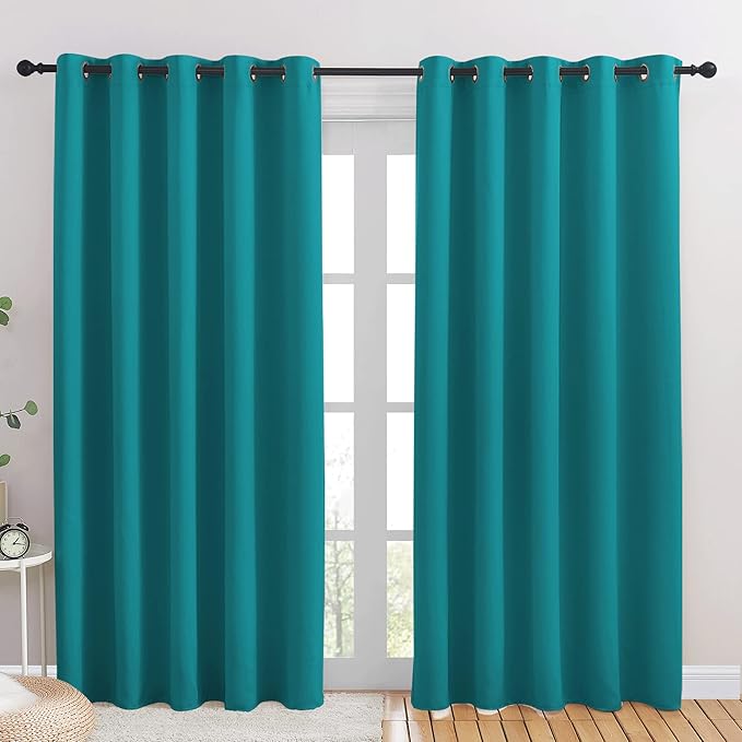 NICETOWN Blackout Draperies Curtains for Kids Room, Window Treatment Thermal Insulated Solid Grommet Blackout Drape Panels for Bedroom (Peacock Teal, Set of 2, 70 by 84 inches)