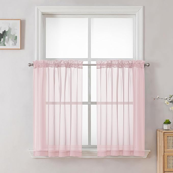 OVZME Blush Pink Sheer Curtains 36 inch Length 2 Panels Set, Light Filtering Voile Rod Pocket Short Window Curtians for Bathroom Living Room Farmhouse Small Windows, Each 42Wx36L Inches