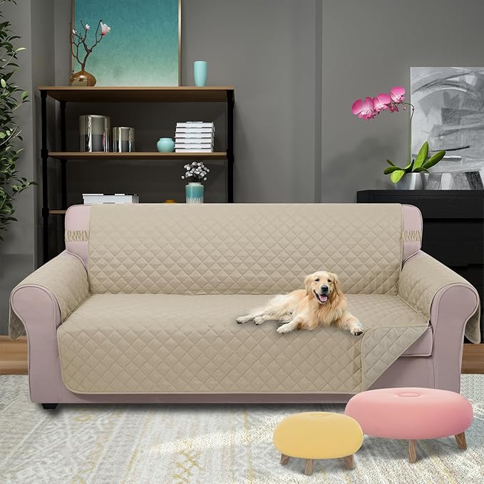 U-NICE HOME Large Sofa Cover Reversible Couch Cover for Dogs with Elastic Straps Water Resistant Furniture Protector for Pets Couch Cover for 4 Cushion Couch (Oversized Sofa, Sand/Beige)