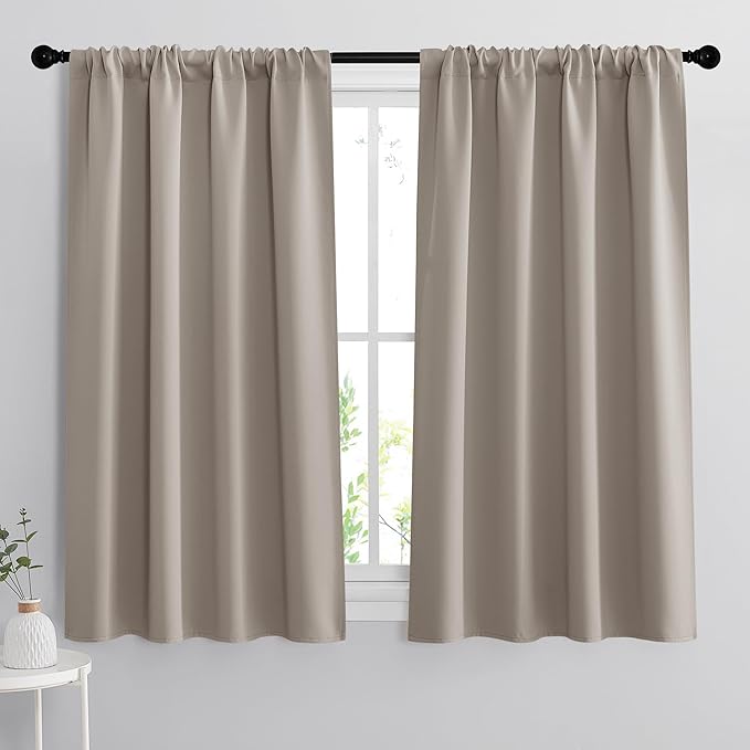 RYB HOME Short Blackout Curtains for Bedroom, Room Darkening Insulated Summer Heat Light UV Blocking Energy Saving Drapes for Nursery, Width 42 by Length 48, Sand, Set of 2