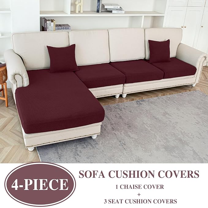 Couch Cushion Covers for Sectional Sofa L Shape Washable Separate Seat Chaise Couch Cover Stretch Sofa Slipcovers with 2 Pcs Pillowcases(3 Seater + 1 Chaise, Burgundy)