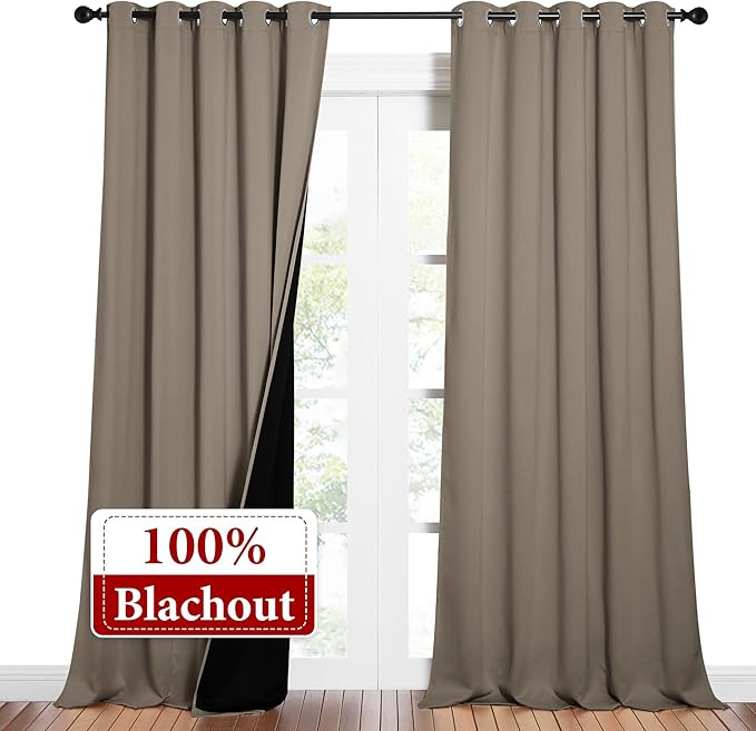 NICETOWN Total Shade Curtains and Draperies, Heavy-Duty Full Light Shading Drapes with Black Liner Backing for Villa/Hall/Dorm Window（Taupe, Package of 2 Panels, 62 inches Wide x 95 inches Long