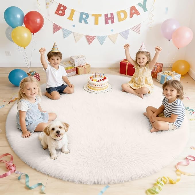 OLANLY Ivory Round Rugs for Bedroom - Machine Washable, 6 ft Circle Area Rugs for Living Room, Soft and Fluffy Shaggy Carpet for Teen Girls and Boys, Nursery Rooms, Dorms, Home Decor Aesthetic