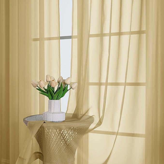 OWENIE Sheer Gold Curtains 108 Inches Long for Living Room Bedroom 2 Panels Set, Lightweight Airy Gold Sheer Curtain, Filmy Voile Rod Pocket, 2 PCS, Each 59" W x 108" L