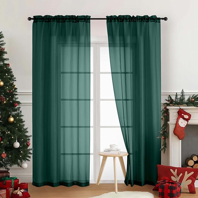 Green Sheer Curtains 90 Inches Long 2 Panels, Light Filtering Solid Sheer Curtains for Christmas, Lightweight Soft Airy Voile Sheer Drapes, Dual Rod Pocket, Hunter Green, 2x42Wx90L Inches