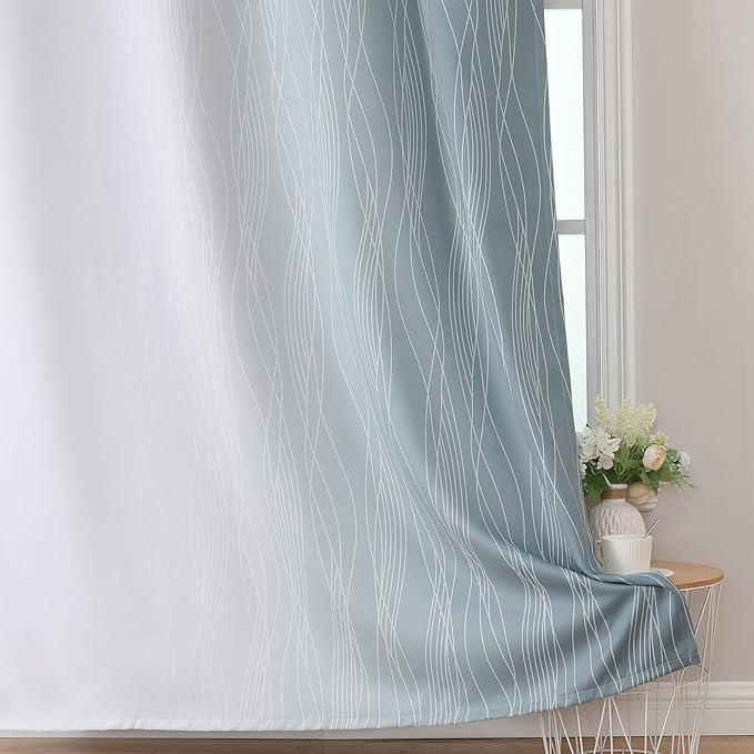 Estelar Textiler Stone Blue and Greyish White Blackout Curtains 96 Inches Long,Full Room Darkening Grommet Curtains for Bedroom,Thermal Insulated Ombre Blackout Drapes for Living Room,52Wx96L,2 Panels