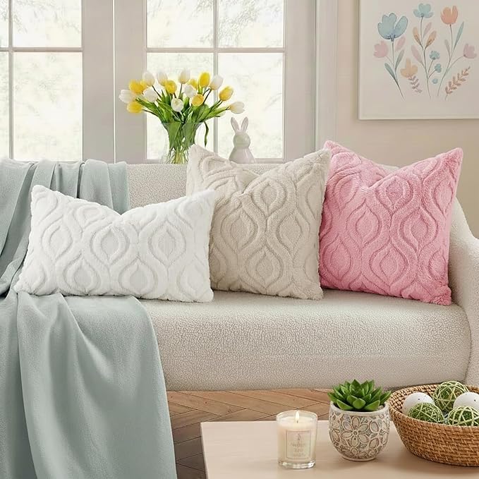 decorUhome Throw Pillow Covers 20x20 Inch Set of 2, Soft Plush Faux Wool Beige Solid Couch Pillow Covers, Accent Farmhouse Neutral Square Pillow Cases for Sofa Bed Living Room