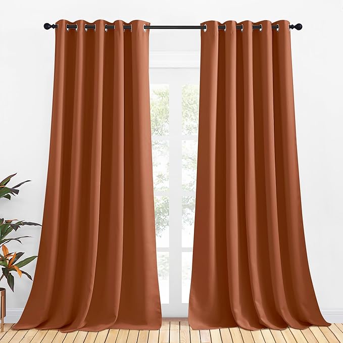 NICETOWN Bedroom Curtains Blackout Drapery Panels, 2 Panels, 70 x 108 inches, Burnt Orange, Three Pass Microfiber Thermal Insulated Solid Ring Top Blackout Window Curtains/Drapes