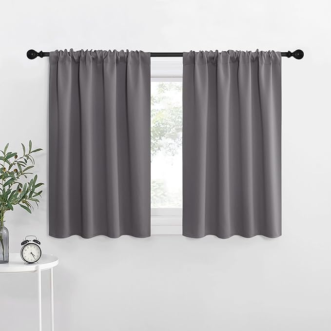 NICETOWN Short Curtains, Grey Window Curtains for Bedroom, Home Decoration Thermal Insulated Rod Pocket Blackout Blinds & Drapes for Small Windows (Gray, 2 Panels, W34 x L30 -Inch)