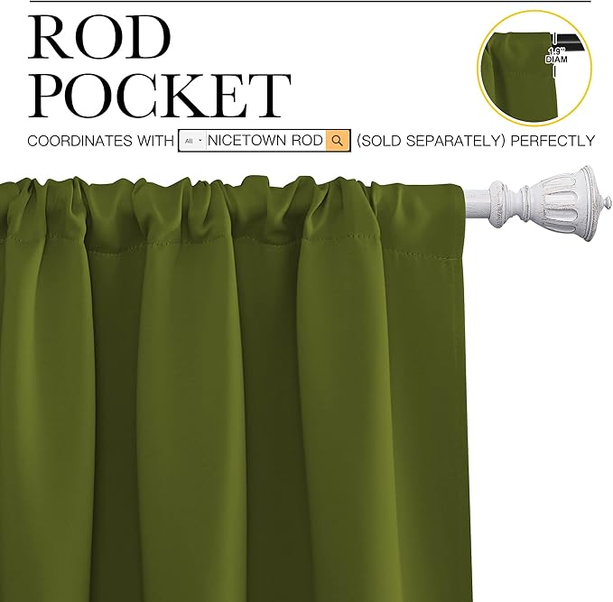 NICETOWN Window Curtains Blackout Drapes, Thermal Insulated Solid Rod Pocket Blackout Draperies for Living Room (1 Pair, 42 by 45 inches, Olive Green)