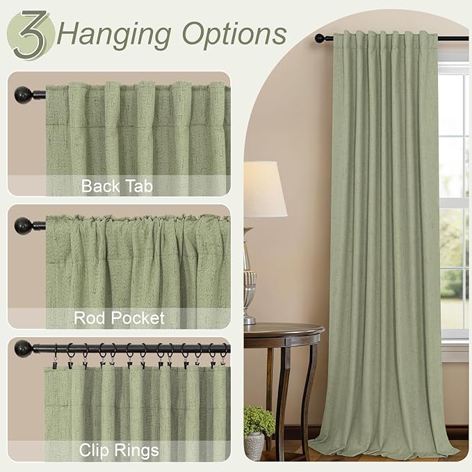 Light Sage Green Black Out Curtains 96 Inch Long for Bedroom 2 Panel Linen Textured Boho Blackout Curtains Darkening Neutral Farmhouse Thermal Drapes for Sliding Doors Patio Living Room 52x96 Length
