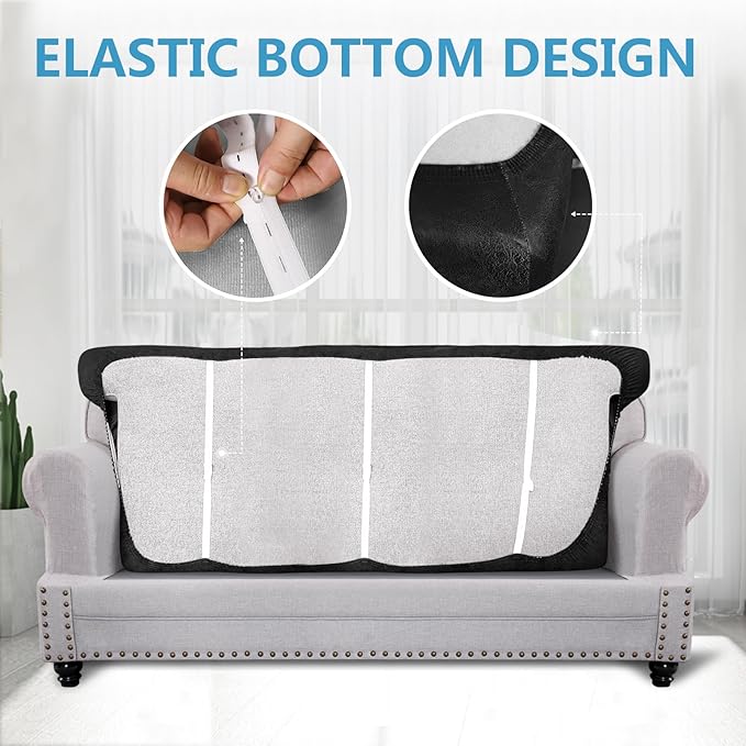 Leather Look Couch Cushion Covers Sofa Seat Slipcovers Sets Couches Furniture Protector for Sectional Armchair Loveseat Pets Kids Stretch Spandex Fabric (1 T-Cushion Sofa, Black)