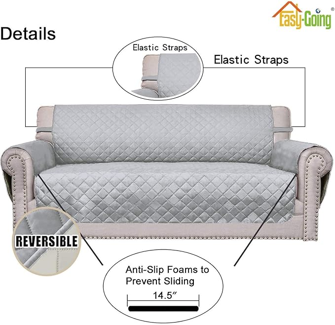 Easy-Going 4 Seater Sofa Slipcover Reversible Sofa Cover Water Resistant Couch Cover with Foam Sticks Elastic Straps Furniture Protector for Pets Children Dog Cat (XX-Large, Light Gray/Ivory)
