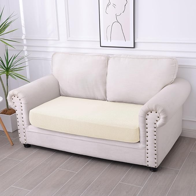 hyha Waterproof Couch Cushion Covers for Pets, Non Slip Sofa Seat Cover for Dogs Washable, Soft Thick Stretch Jacquard Fabric, Sofa Slipcovers with Elastic Bottom (1 Piece for Medium, Light Beige)