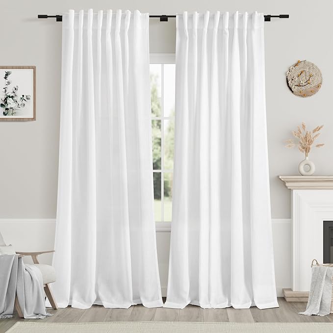 Nanspring White Linen Curtains 84 Inch Length 2 Panels Set for Living Room Back Tab Light Filtering Semi Sheer Curtain for Bedroom Farmhouse Drapes, 60x84 Inch, 2 Panels