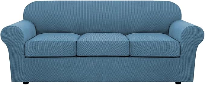 H.VERSAILTEX 4 Piece Stretch Sofa Covers for 3 Cushion Couch Covers for Living Room Furniture Slipcovers (Base Cover Plus 3 Seat Cushion Covers) Upgraded Thicker Jacquard Fabric (Sofa, Dusty Blue)