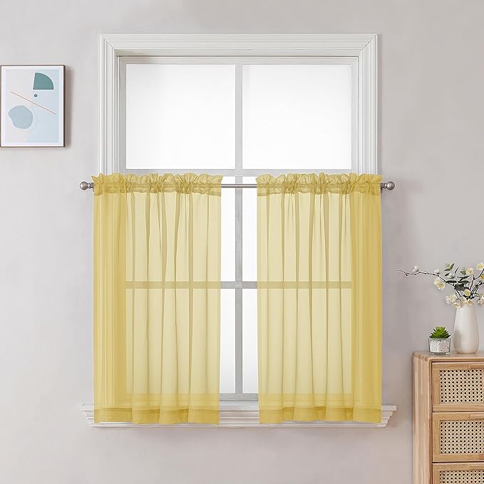 Chyhomenyc Mustard Yellow Short Sheer Curtains 30 inch Length, Light Filtering Half Window Curtians for Kitchen, Elegant Small Curtain for Basement Bathroom Cabinet, 42Wx30L inches, 2 Panels