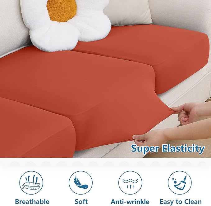 hyha Milk Silk Couch Cushion Covers, Soft Magic Sofa Covers Washable for 3 Cushion Couch, Stretch Sectional Outdoor Cushion Covers for Patio Furniture with Elastic Bottom(Large, Rust)