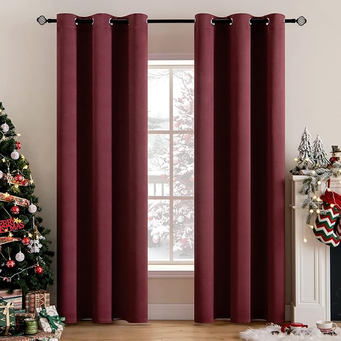 MIULEE Christmas Blackout Curtains, Room Darkening Thermal Insulated Drapes Solid Window Treatment Set Grommet Top Light Blocking Curtain for Living Room/Bedroom 2 Panels 42x84 inch,Wine Red