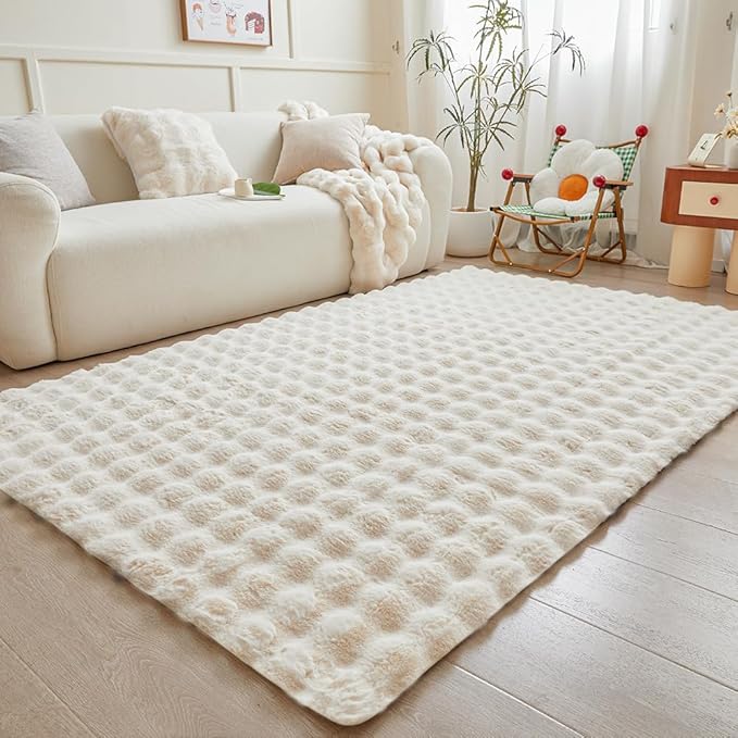 Creamy White Rabbit Plush Rug 5'x8', Fluffy Faux Fur Shaggy Area Rug for Nursery, Kids Room Decor, Soft Fuzzy Carpet for Living Room, Bedroom, Teen Girls Room