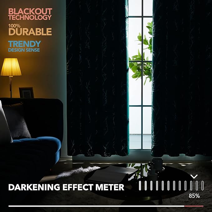 Deconovo Blackout Curtains, Thermal Insulated Soundproof Drapes with Tree Foil Print, 42 x 63 Inch, Set of 2, Machine Washable Window Curtain for Bedroom Living Room Nursery Kitchen Office, Turquoise