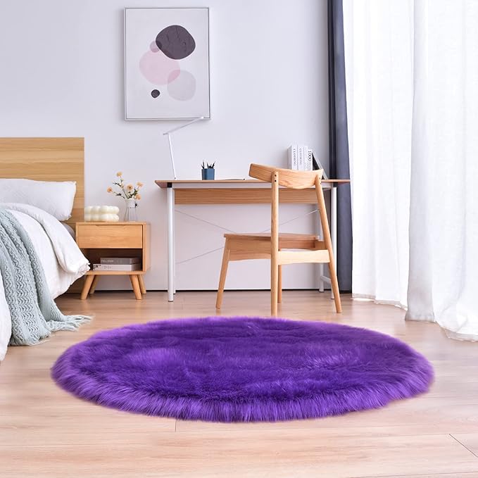 duduta Purple Faux Sheepskin Round Rug 4x4 ft, Fluffy Shag Fur Bedroom Nursery Kids Playroom Rug Dorm Decor Non Slip Washable