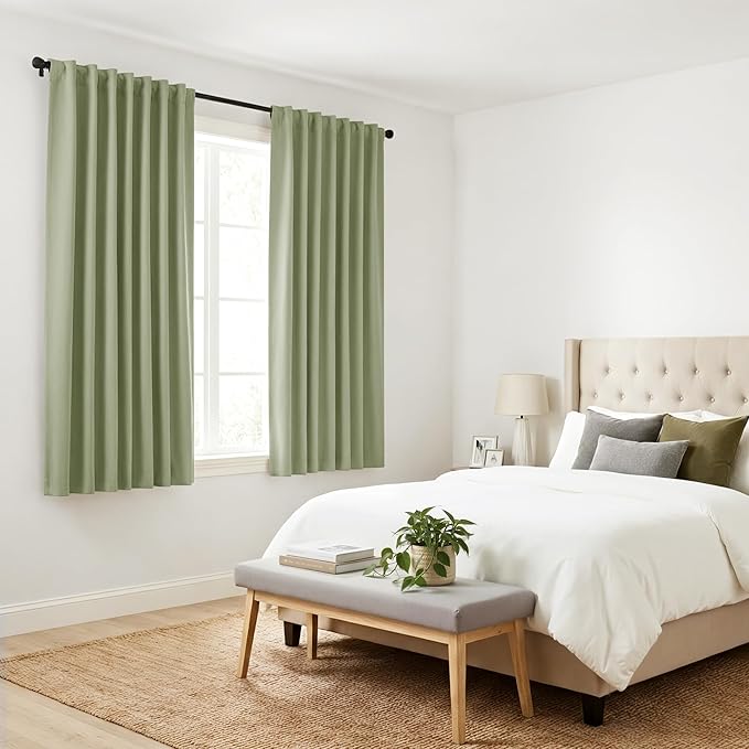 PONY DANCE Short Blackout Curtains - Window Curtain Treatments Light Blocking Drapes Back Tab/Rod Pocket Short Drapes Panels for Bedroom & Kitchen, 42 W x 45 L, Meadow Green, 1 Pair