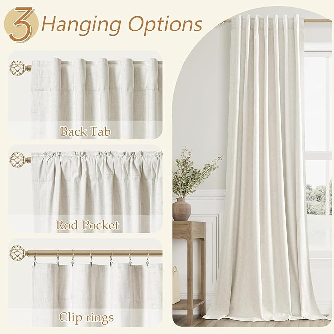 Guken Cream 100% Blackout Linen Curtains 100 Inch Wide by 96 Inch for Living Room Bedroom Back Tab Thermal Insulated Black Out 1 Drapes Room Darkening Window Curtains,1 Panel