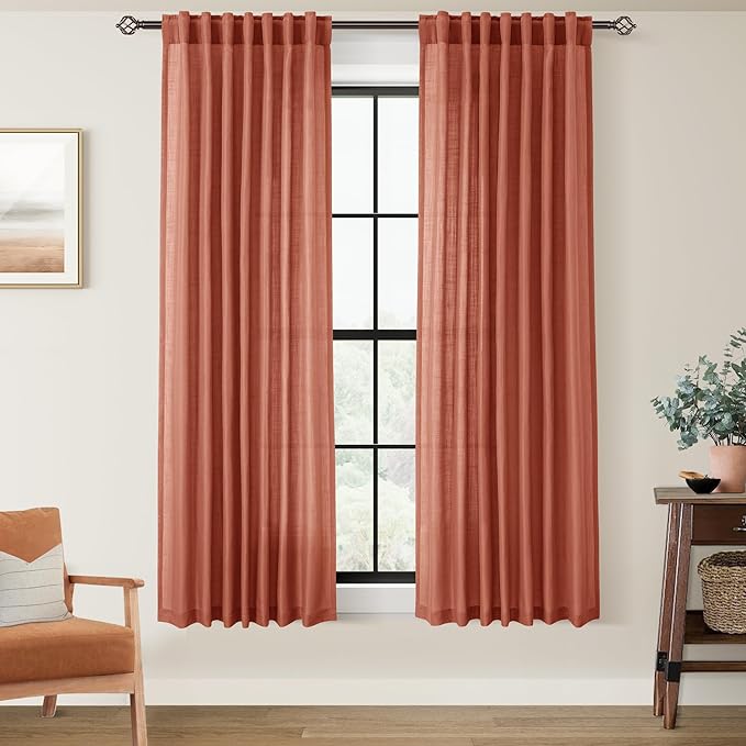 63 inch Linen Terracotta Curtains 2 Panels for Living Room Back Tab Light Filtering Semi Sheer Rust Colored Curtains 63 inches Long Soft Thick Cotton Cloth Textured Rustic Boho Farmhouse Room Decor