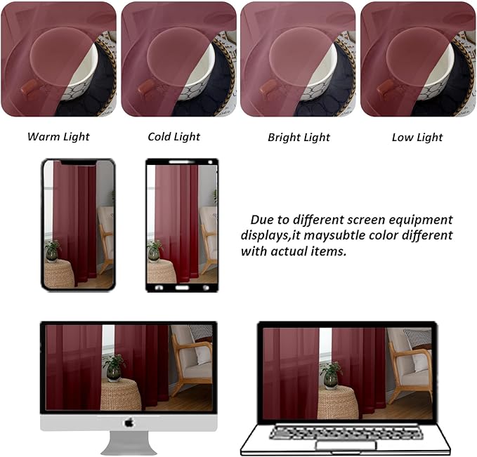 Chyhomenyc Sheer Tier Curtains 24 Inch Length, Small Cute Window Curtains Treatment for Bathroom Living Room Cafe Basement, Short Voile Curtain Tiers 42in x 24in, Rod Pocket, 2 PCS,Burgundy