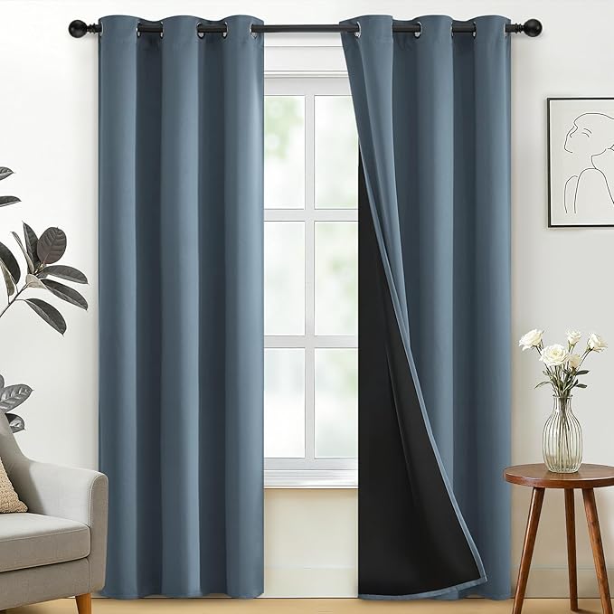 SimpleHome 100% Blackout Curtains for Bedroom,Thermal Insulated Stone Blue Grommet Window Drapes Room Darkening Curtains for Living Room with Black Back,38 x 84 Inch,2 Panels