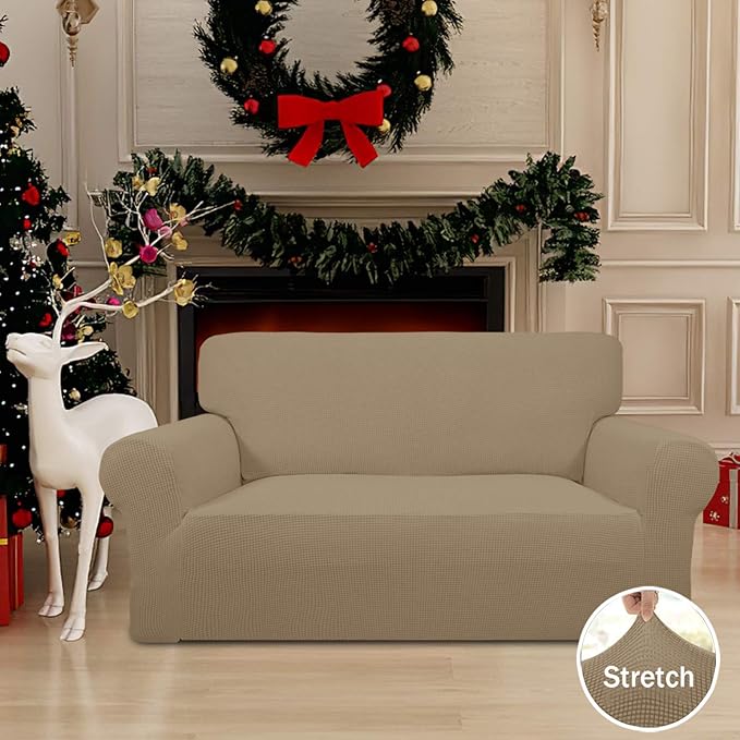 Easy-Going Stretch Loveseat Slipcover 1-Piece Sofa Cover Furniture Protector Couch Soft with Elastic Bottom for Kids Polyester Spandex Jacquard Fabric Small Checks (Loveseat, Tan)