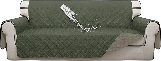 ISSUNTEX Double Protection 100% Waterproof Sofa Covers for Living Room, Couch Covers for 3 Cushion Couch Sofa, Reversible Furniture Protector Sofa Cover for Dogs, Pets (Sofa, Greyish Green/Beige)