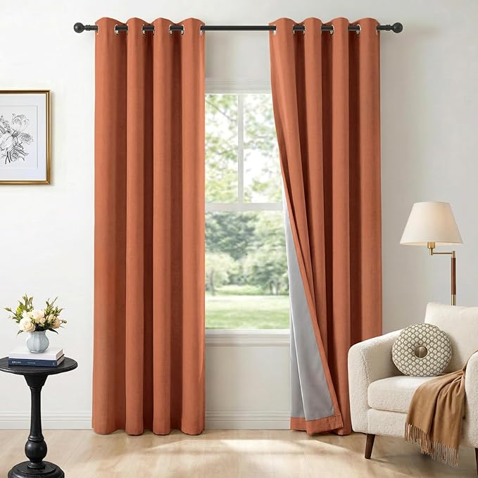 100% Blackout Shield Linen Blackout Curtains for Bedroom, Orange Grommet Curtains for Living Room, Thermal Insulated Room Darkening Drapes for Nursery, Boho Home Decor, 50" W x 102" L, 2 Panels