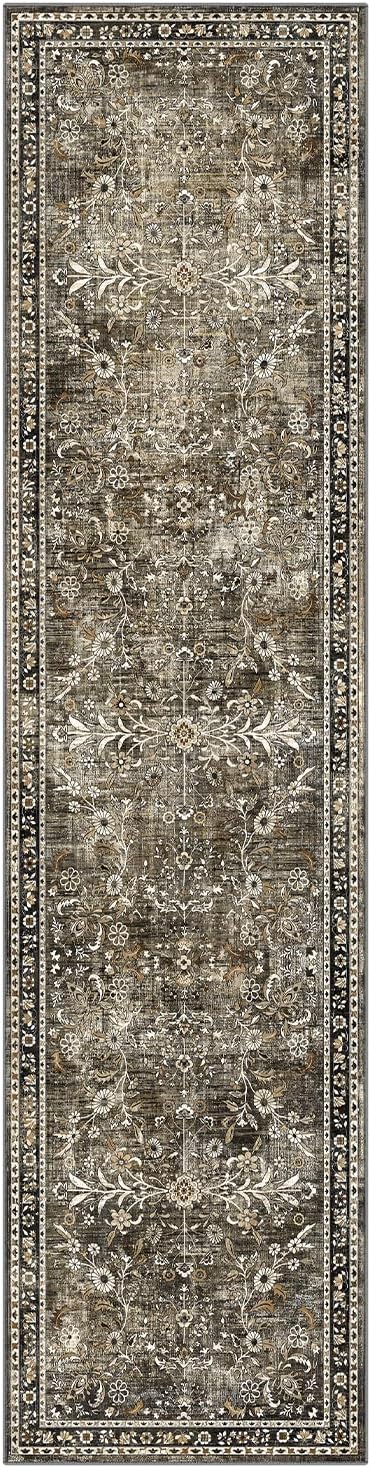 Yamaziot Washable Runner Rug 2x8 – Non Slip Boho Floral Hallway Runner Rug with Rubber Backing, Low Pile Wool Distressed Carpet for Kitchen, Laundry, Bedroom, Entrance, Tan