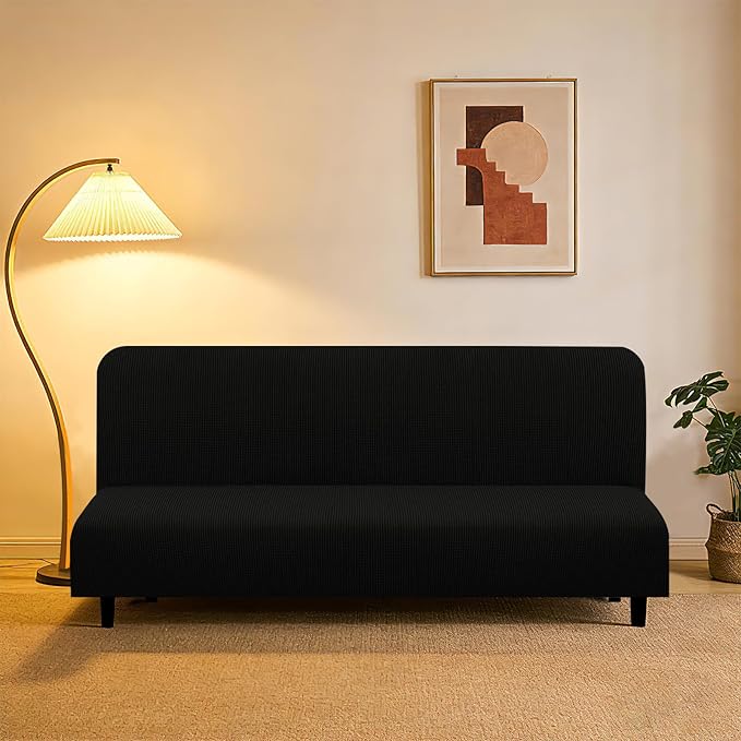 U-NICE HOME Stretch Futon Cover Armless Bed Slipcover - Soft Jacquard Fabric Washable for Pet Friendly, Black