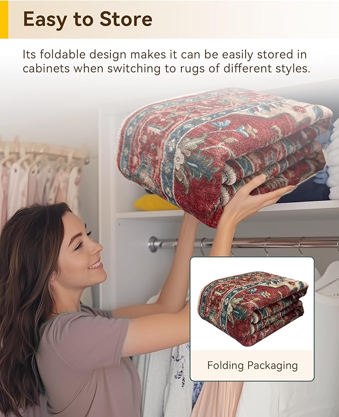 RELEANY Area Rugs Round 8ft Washable Non-Slip, Floral Vintage Distress Print Pattern Medallion Carpet for Living Room Bedroom Dining Room, Red Blue