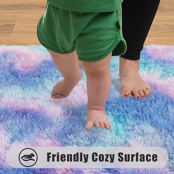 Soft Runner Rugs for Bedroom Hallways, 2x6 Purple Rainbow Fluffy Shag Throw Area Rug Non Slip for Bedside Dorm, Long Shaggy Furry Carpet for Nursery Living Room
