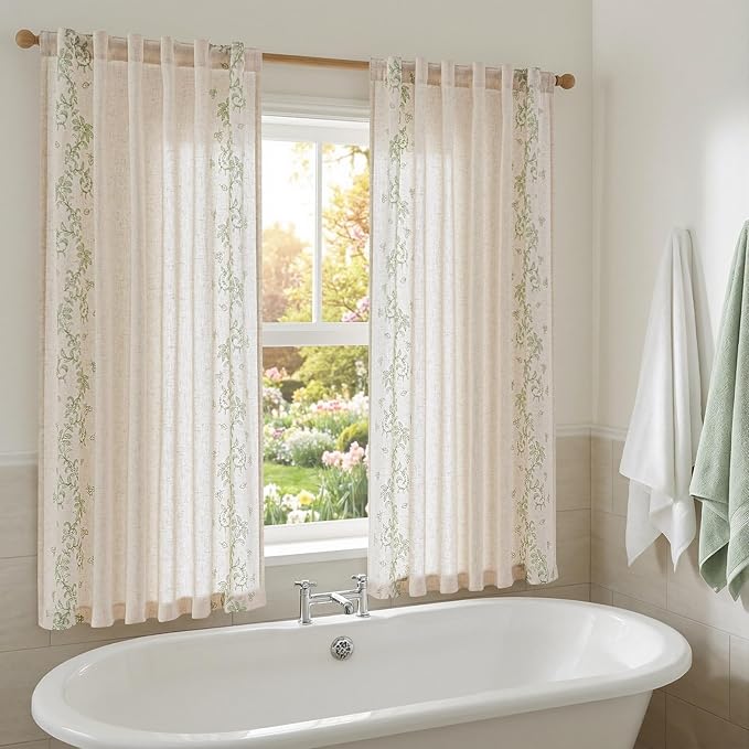 jinchan Evelyn Embroidered Linen Curtains 63 inch Floral Curtains for Living Room Bedroom Farmhouse Cottagecore Semi Sheer Light Filtering Window Drapes Rod Pocket 2 Panels W50 x L63 Sage Green