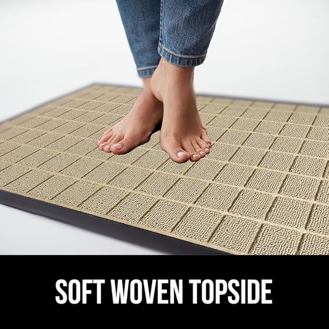 GORILLA GRIP 100% Waterproof All-Season WeatherMAX Doormat US Designed Natural Rubber, Stain and Fade Resistant, Low Profile Indoor Outdoor Door Mats, Easy Clean Patio Mat, 29x17, Taupe Grid